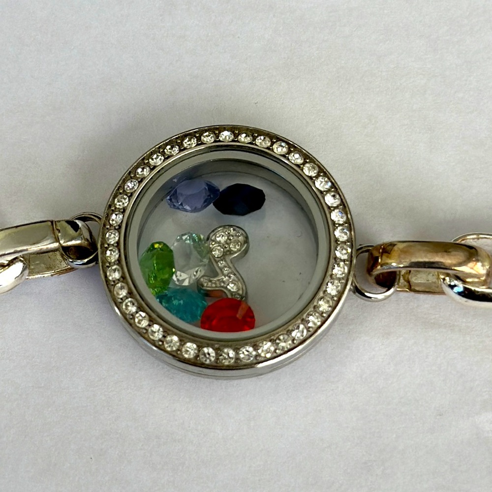 Origami Owl Silver Tone Bracelet with Face Circled in Rhinestones & Charms